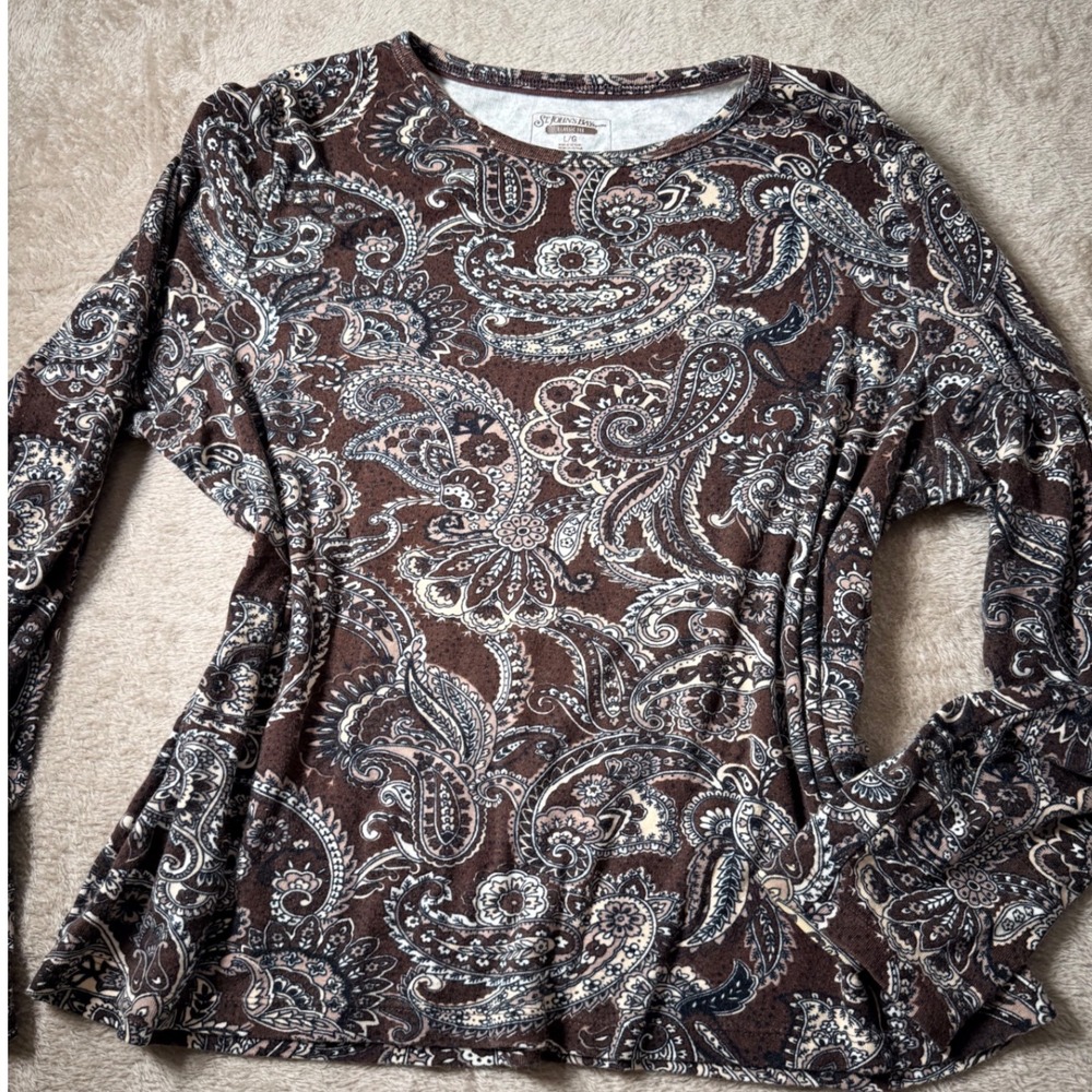 St Johns Bay Brown Paisley Long Sleeve Cotton Tee PL Autumn Earthy Nuetrals